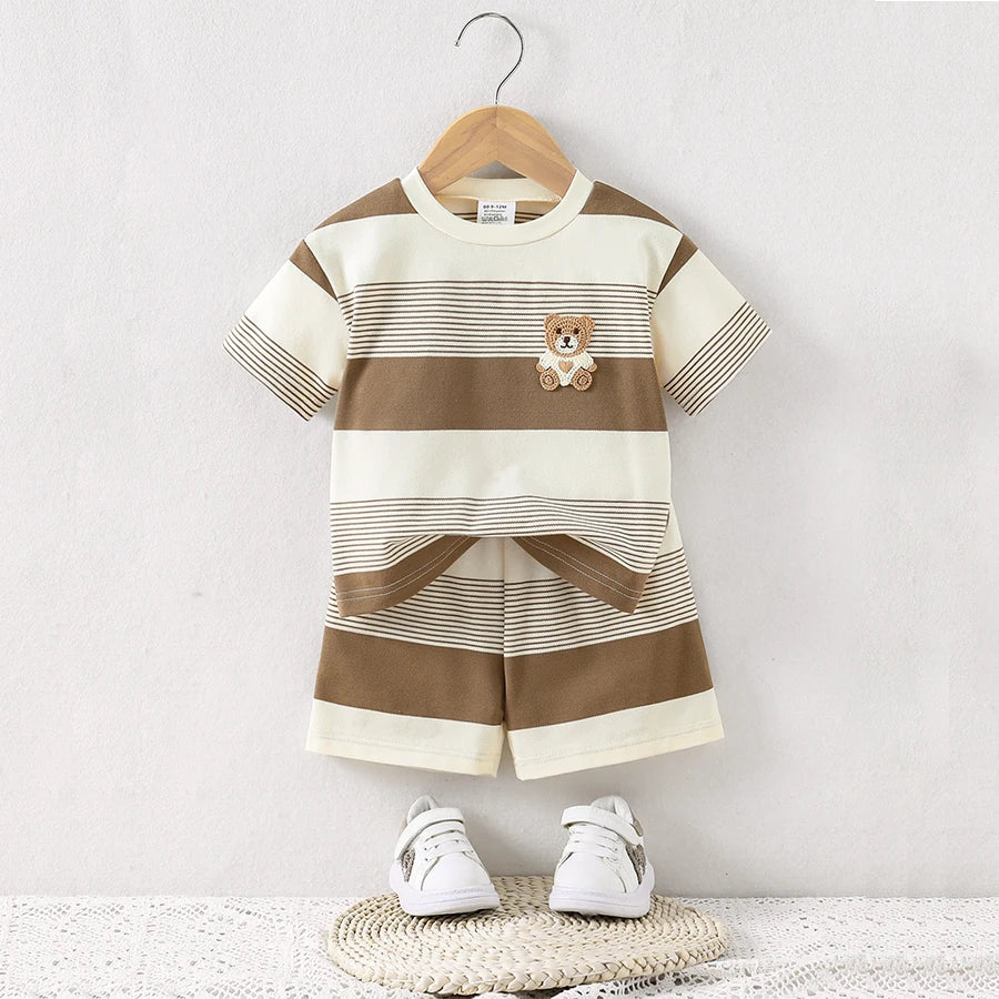 2025 New Baby Summer Cool Breathable Knit Round Neck T-Shirt + Shorts 2-Piece Set Outfit for Boys Girls Infant Toddler Clothing